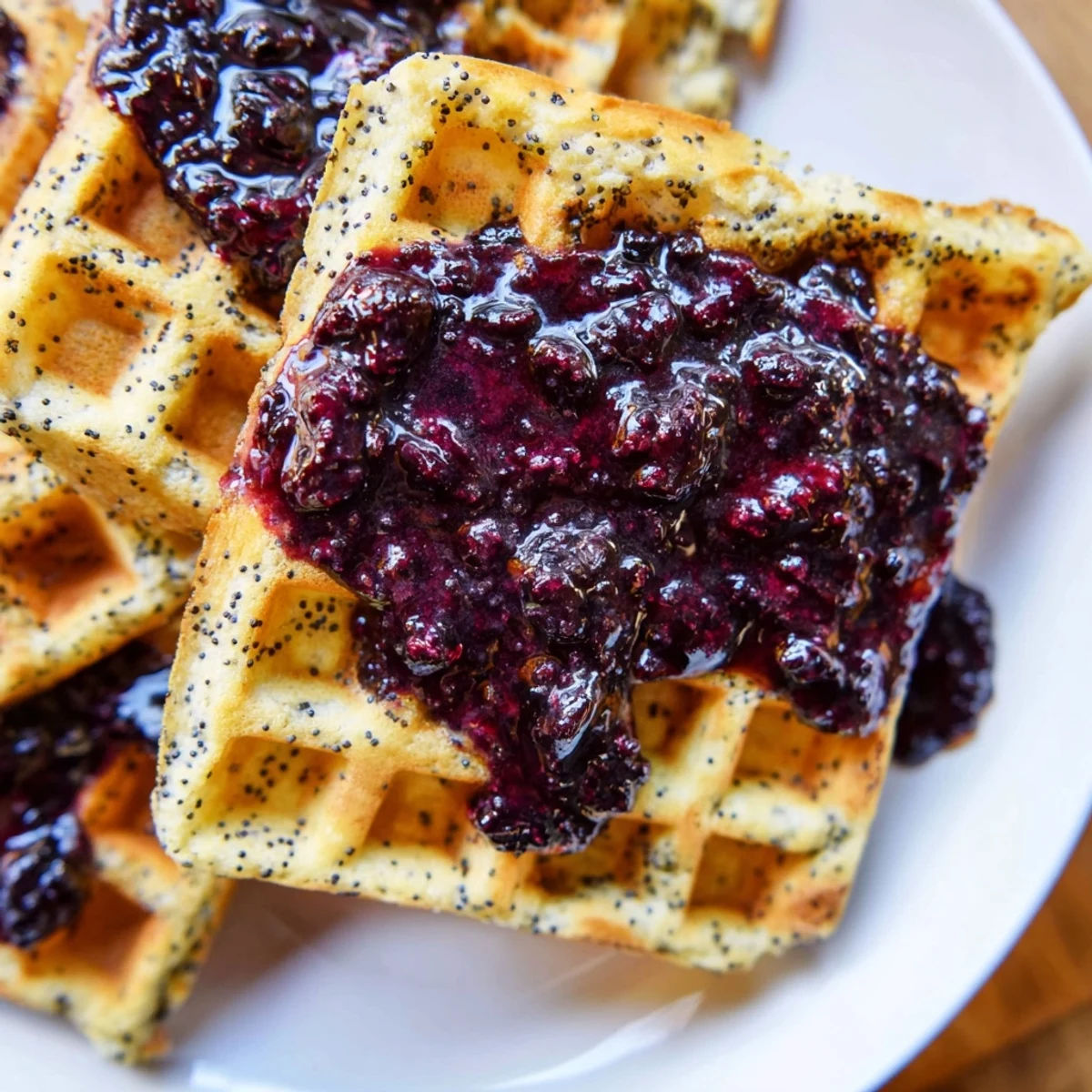A close-up of Lemon Poppy Seed Waffles drizzled with warm blueberry syrup and a pat of butter.