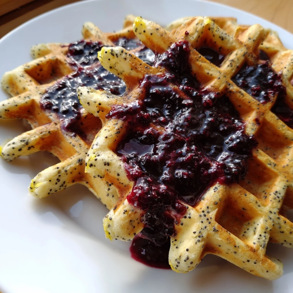 Stack of fluffy Lemon Poppy Seed Waffles, dripping with sweet blueberry syrup, served for a cozy brunch.