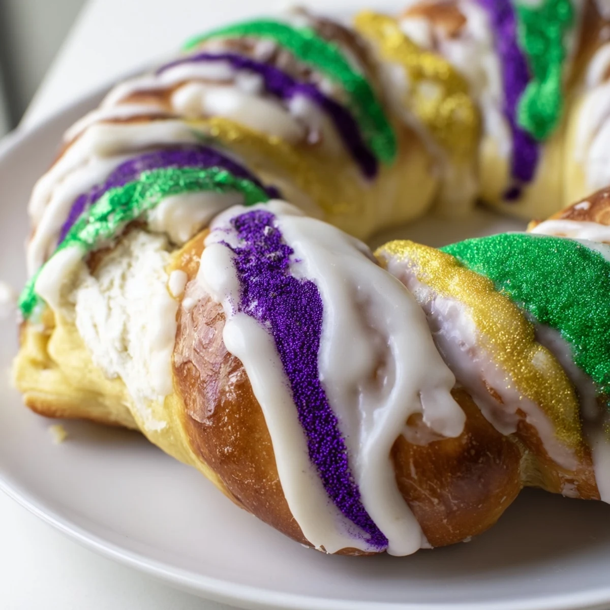 A slice of Mardi Gras King Cake reveals a swirl of creamy filling inside tender brioche dough, drizzled with icing.