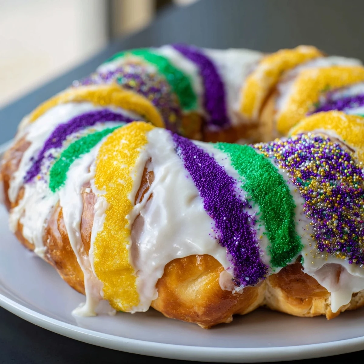 Golden Mardi Gras King Cake with cream cheese filling and vibrant purple, green, and gold sugar on a festive plate.