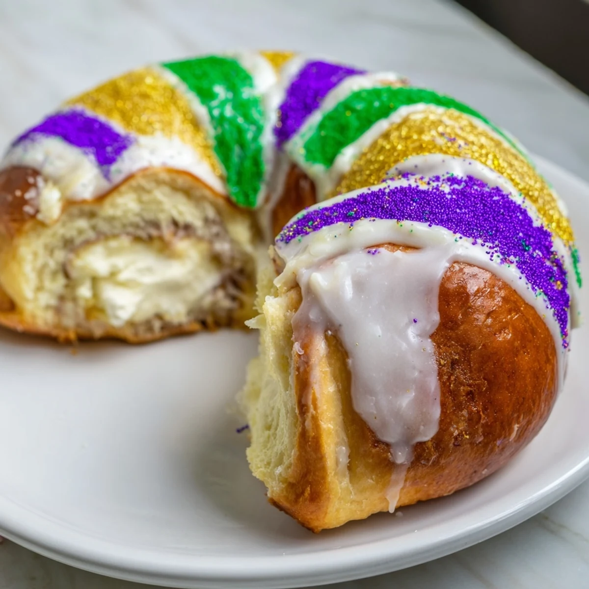 Festive Mardi Gras King Cake on a table, surrounded by beads and confetti, ready for a New Orleans style celebration.