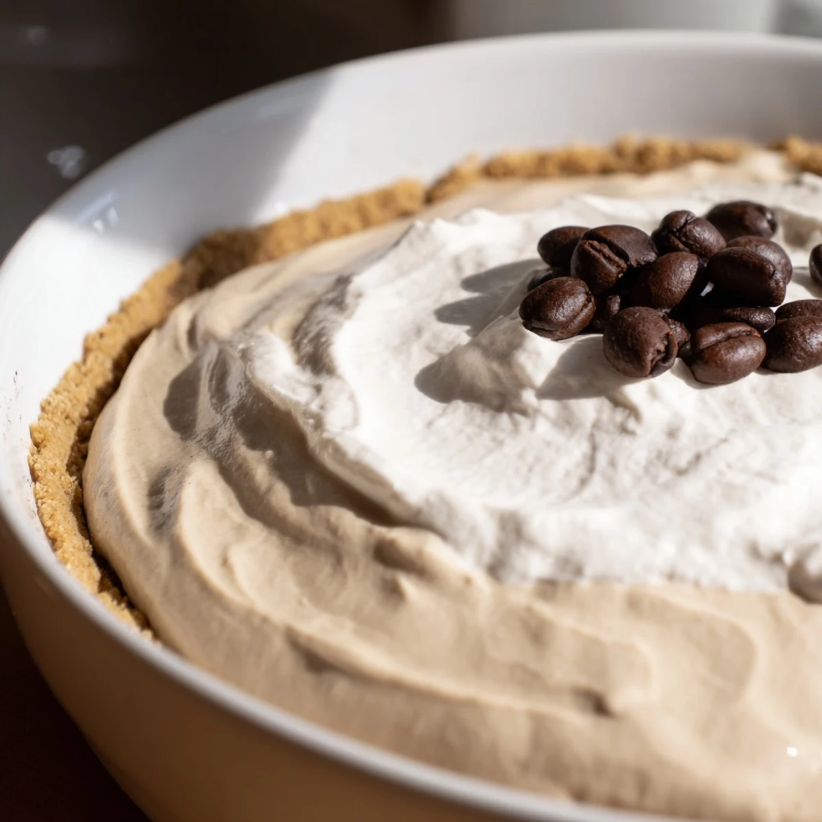 A chilled slice of Keto Cold Brew Coffee Pie features a creamy filling and almond flour crust, topped with whipped cream and coffee beans.