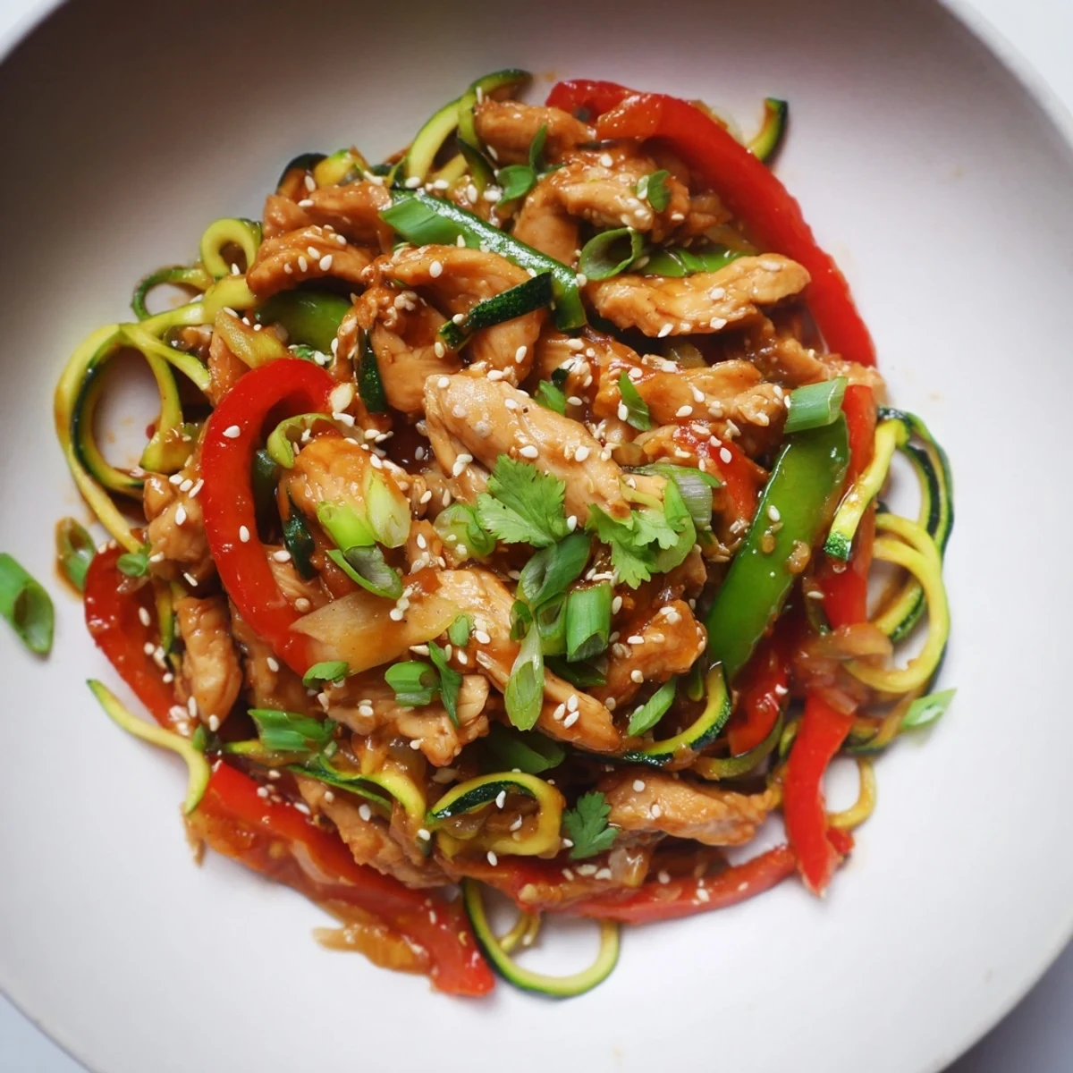 Garlic Chicken Zucchini Noodles Stir Fry features sautéed chicken and spiralized zucchini in a savory garlic sauce served hot.
