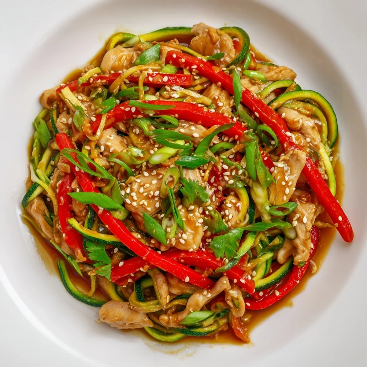 A close-up of Garlic Chicken Zucchini Noodles Stir Fry with tender chicken and crisp veggies on a white plate.