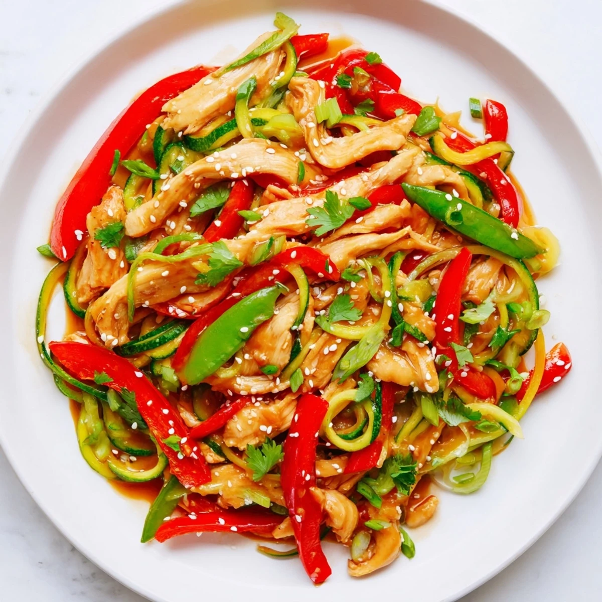 Garlic Chicken Zucchini Noodles Stir Fry presented with fresh herbs and sesame seeds for a low-carb dinner.