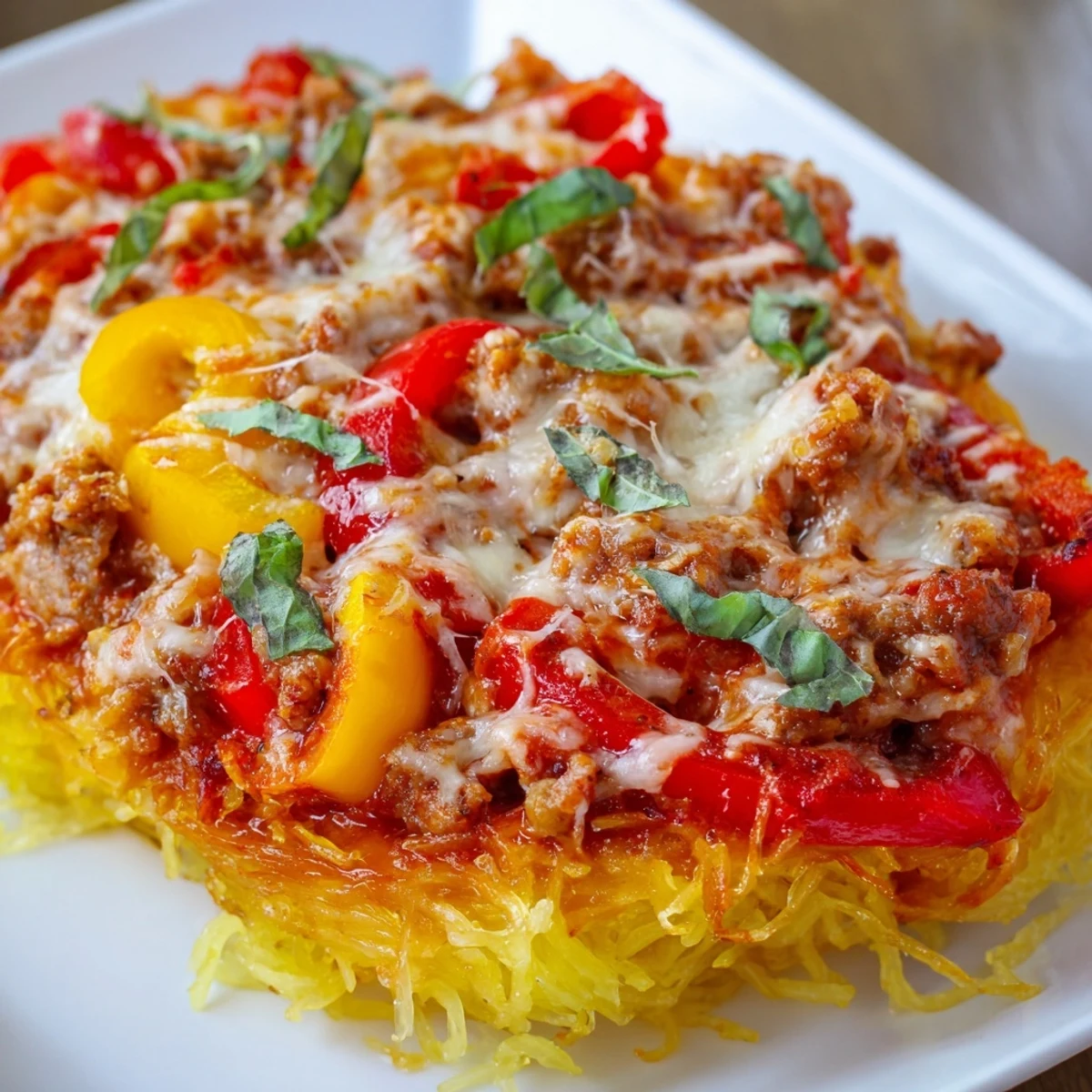 Golden, bubbly mozzarella and Parmesan blanket a bubbling casserole dish of Sausage and Peppers Spaghetti Squash, showcasing colorful roasted peppers and savory sausage crumbles.