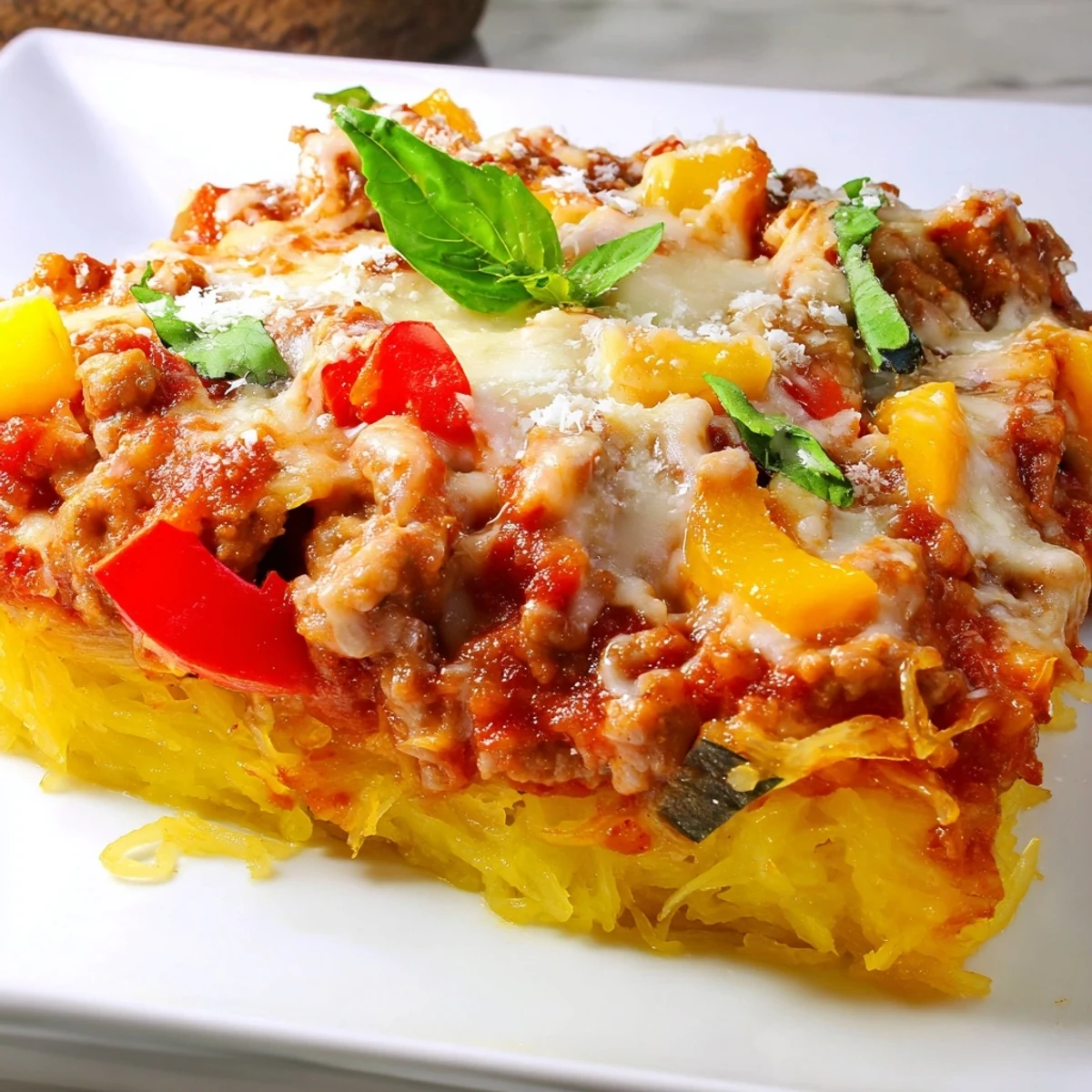 A rustic kitchen counter features a serving of Sausage and Peppers Spaghetti Squash casserole garnished with fresh basil, accompanied by a green salad and a glass of red wine.