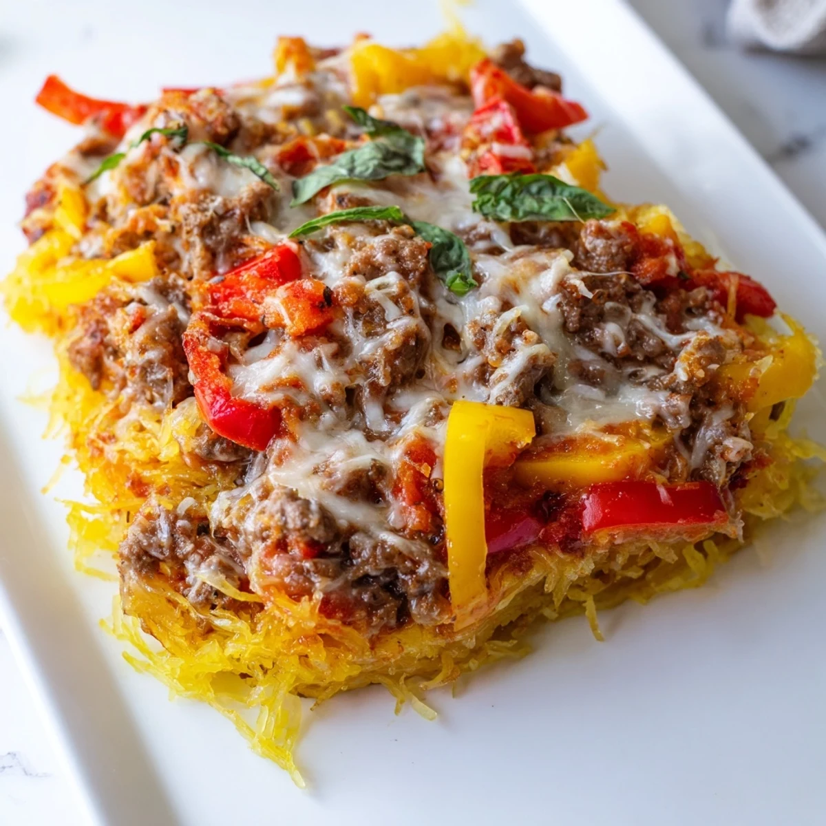 A close-up photo reveals fork-tender spaghetti squash strands mixed with Italian sausage and peppers in a rich marinara sauce for a low-carb Sausage and Peppers Spaghetti Squash casserole.
