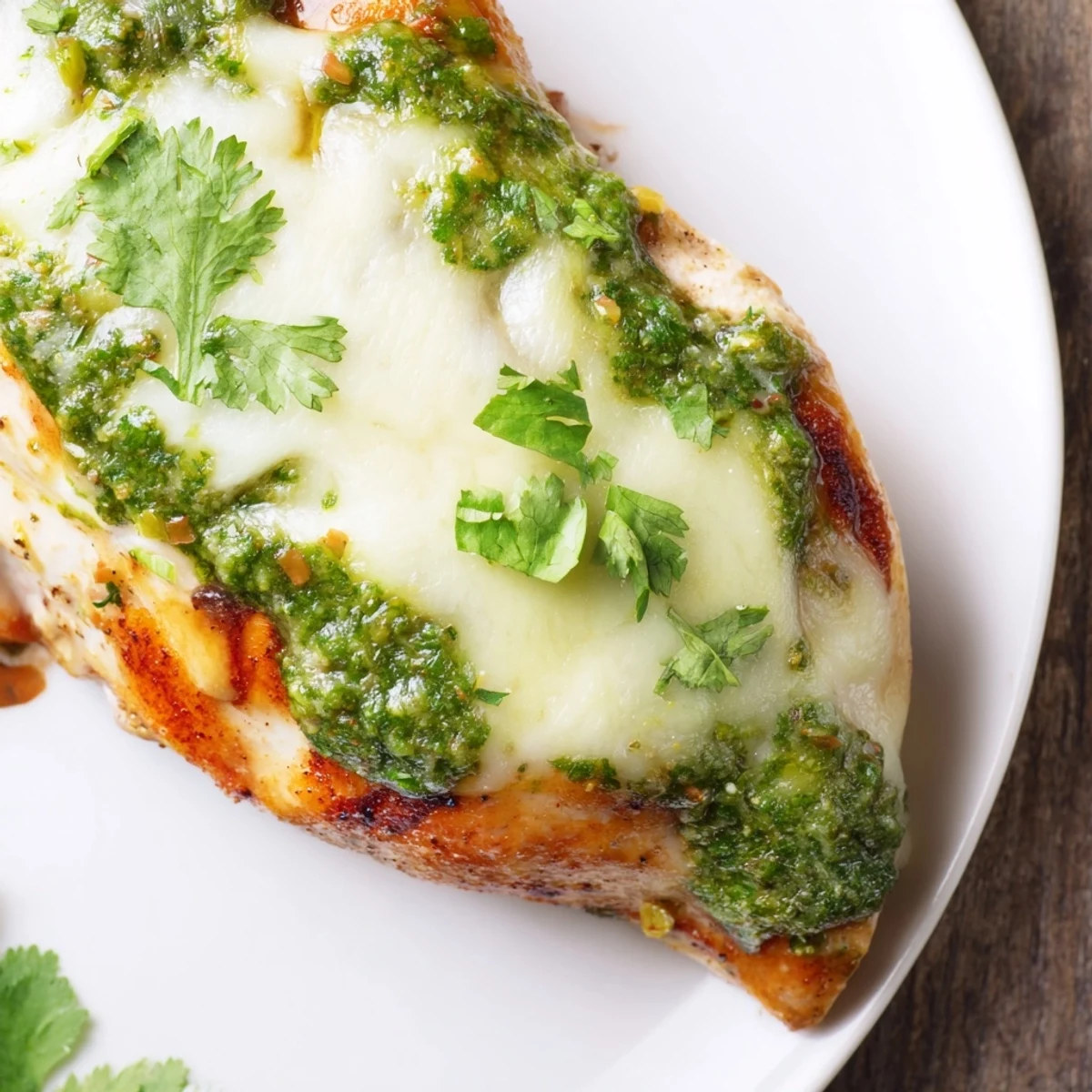 A close-up of Grilled Salsa Verde Pepper Jack Chicken, featuring spicy cheese melting over smoky grilled chicken and fresh lime wedges.