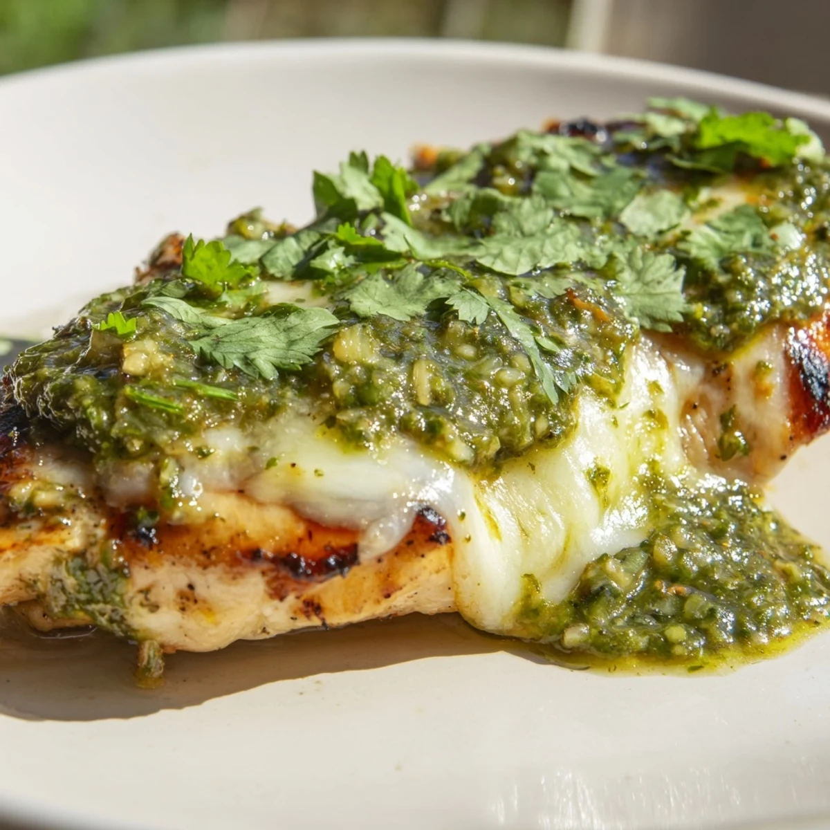 Sizzling Grilled Salsa Verde Pepper Jack Chicken served with avocado slices and diced tomatoes on a colorful outdoor dining table.