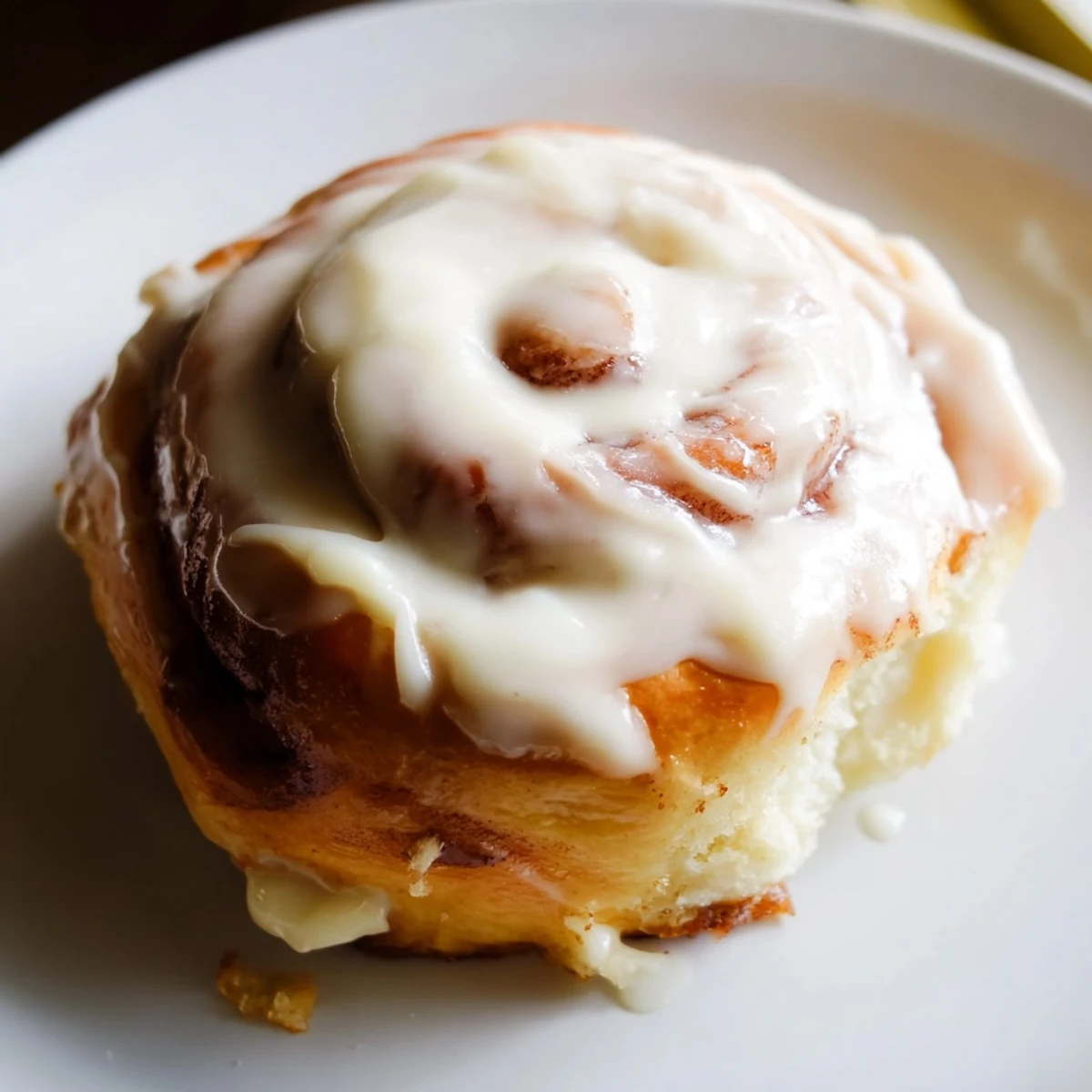 Freshly baked keto cinnamon buns with a creamy vanilla icing, displayed on a rustic wooden board for a cozy breakfast treat.
