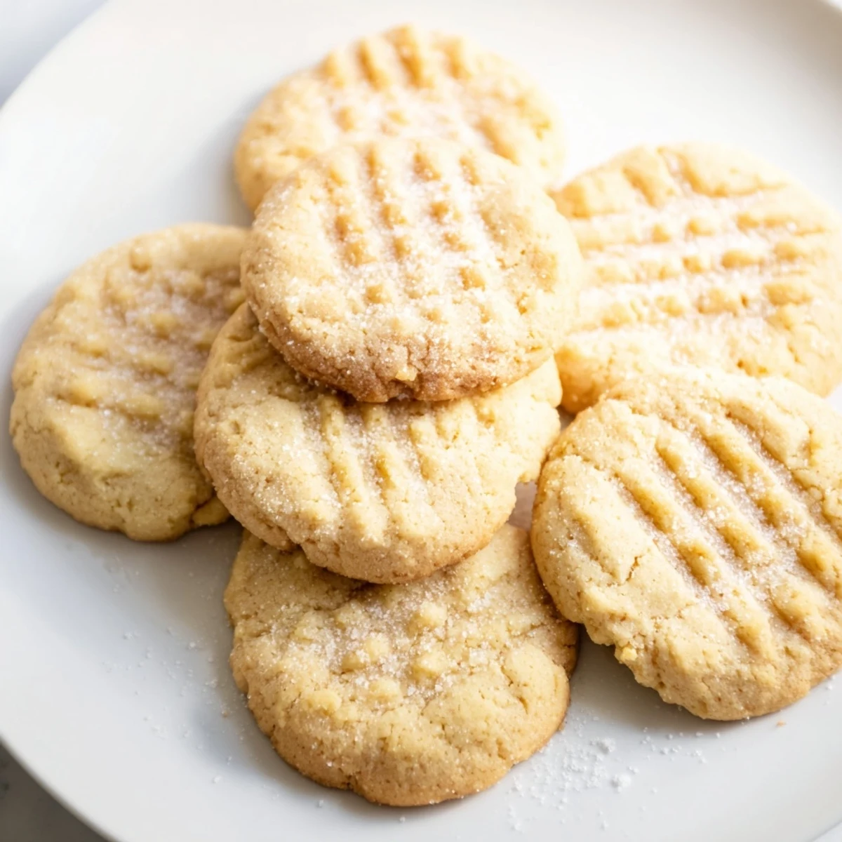Golden Keto Butter Cookies with crisscross fork marks on parchment paper, garnished with powdered erythritol.