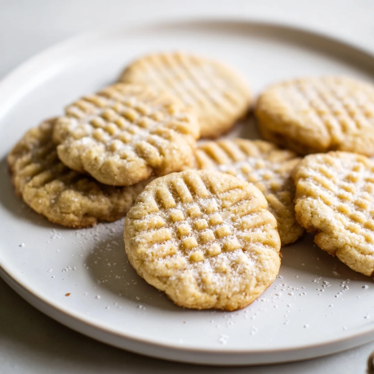 Freshly baked low-carb butter cookies cooling on a tray, their almond flour edges lightly golden.