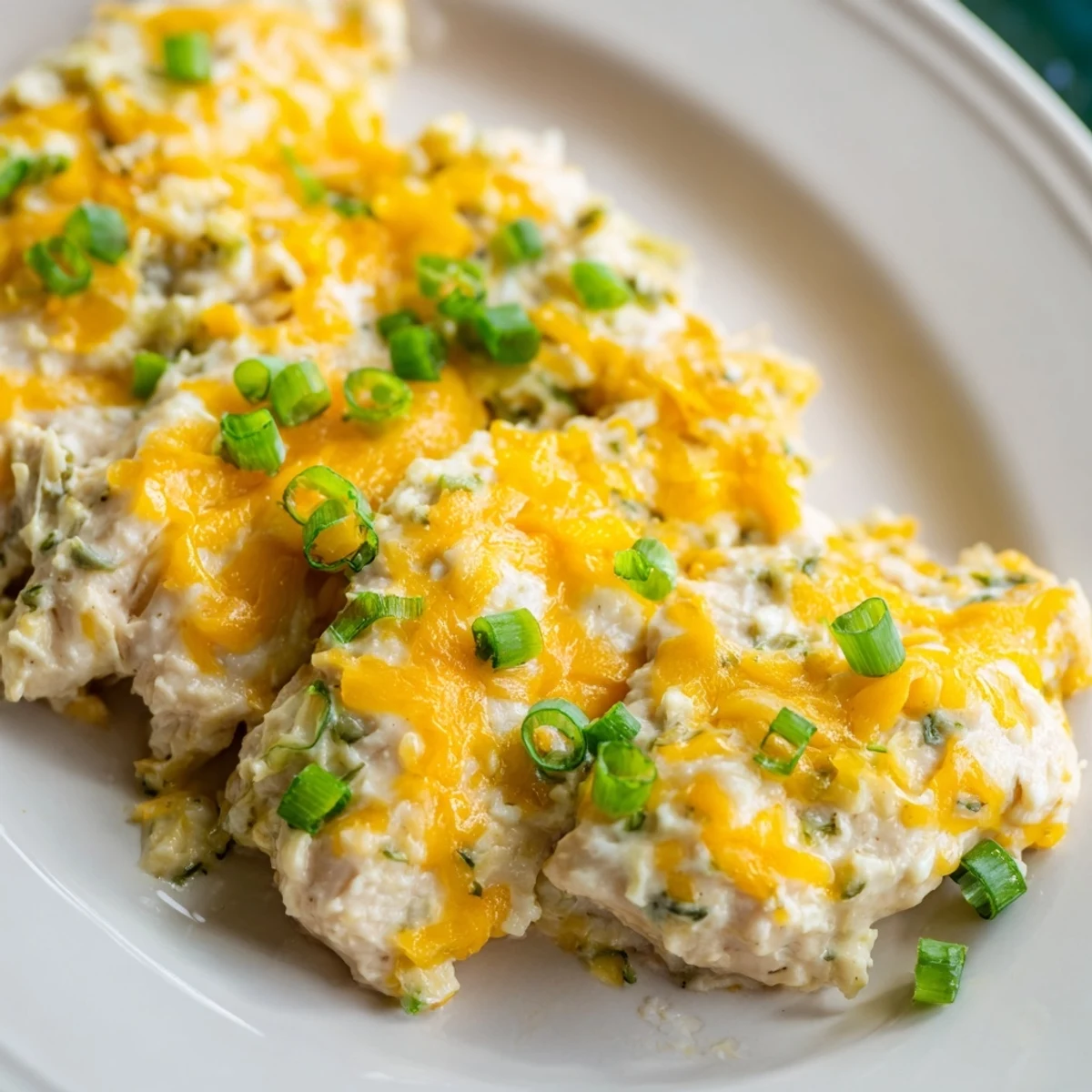 Tender chicken breasts baked in a creamy sour cream and onion sauce, served hot with green onions and melted cheese.