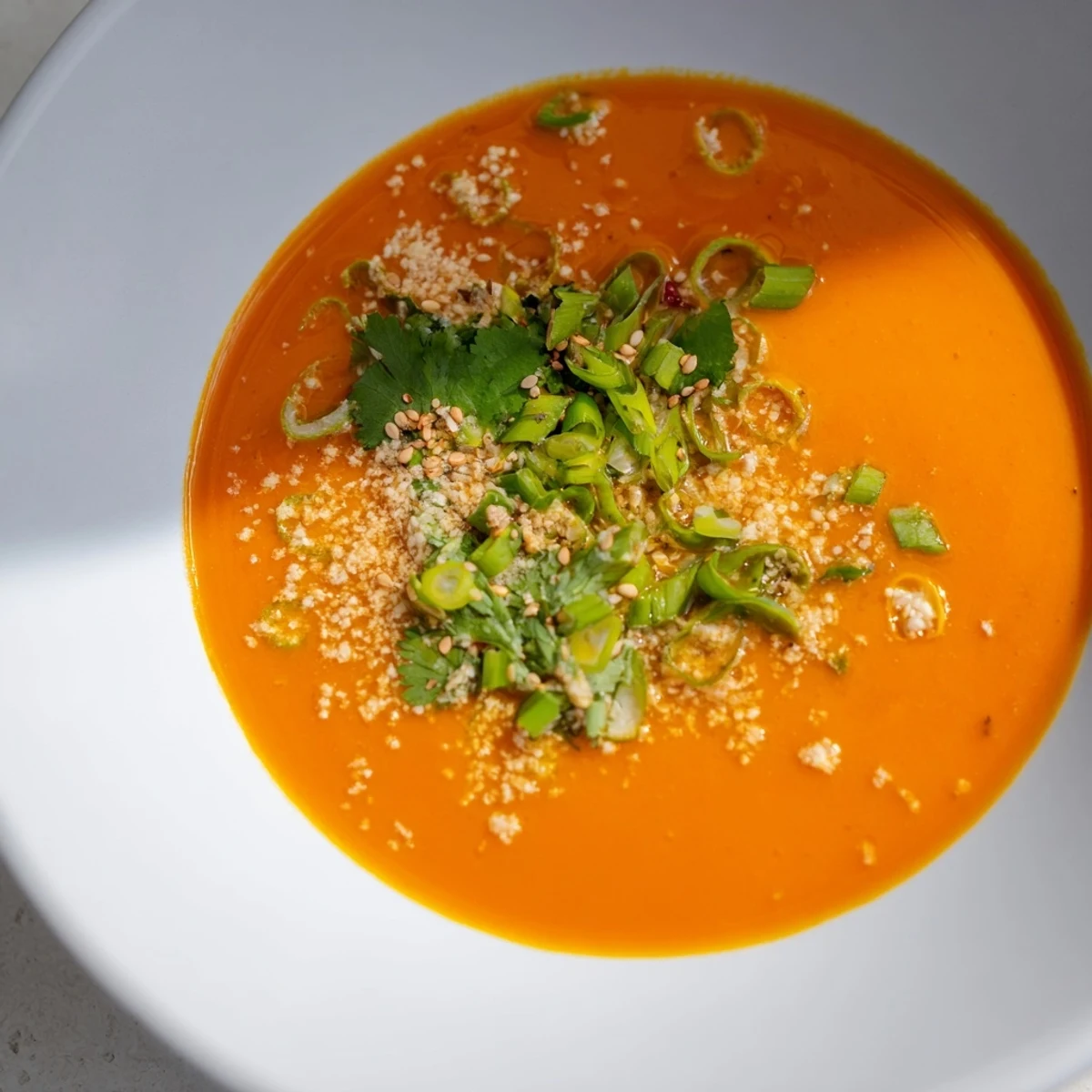Spicy Miso Carrot Soup garnished with green onions and a lime wedge on the side.