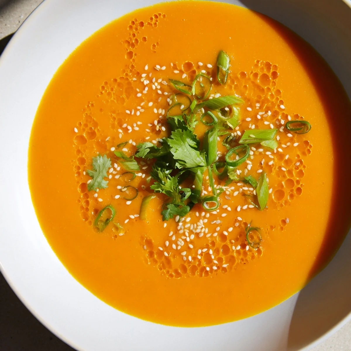 A warm bowl of Spicy Miso Carrot Soup topped with cilantro and sesame seeds.