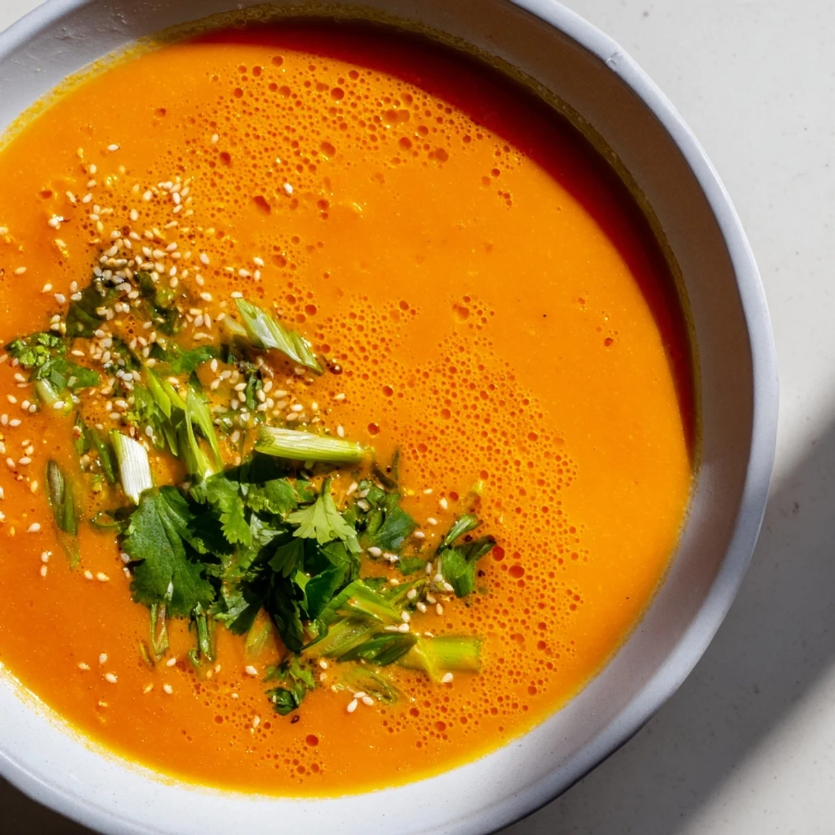 Creamy orange Spicy Miso Carrot Soup in a rustic bowl with steam rising.