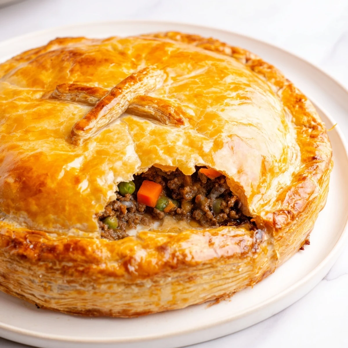 Six golden Savory Beef Meat Pies rest on a wooden board, revealing flaky pastry and steam rising from the hearty filling.