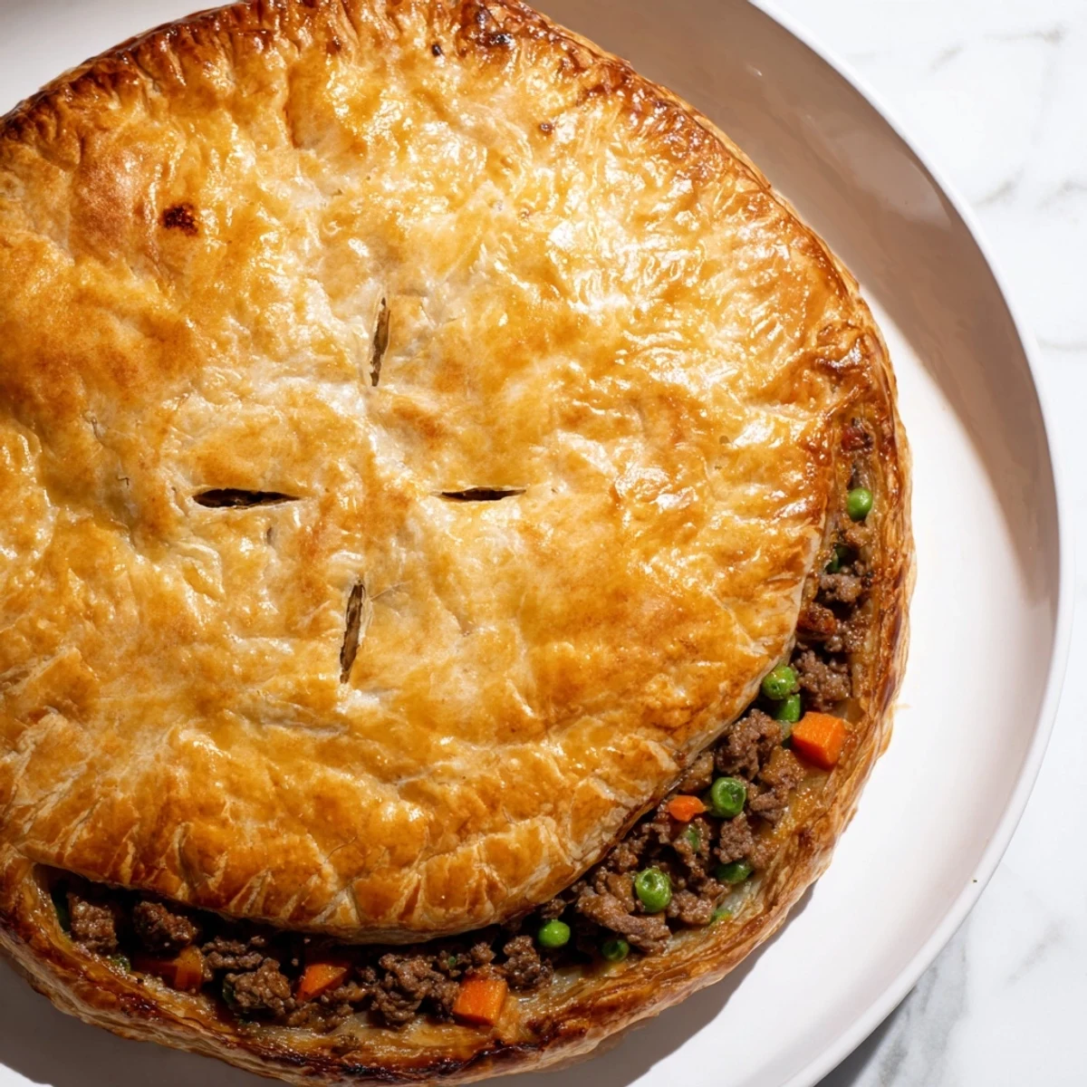 A close-up shows the flaky top of a Savory Beef Meat Pie, beside a green salad and a drizzle of gravy.