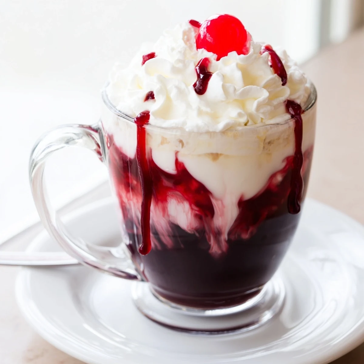 Creamy Viral Cherry Vanilla Latte topped with whipped cream and a glossy cherry.