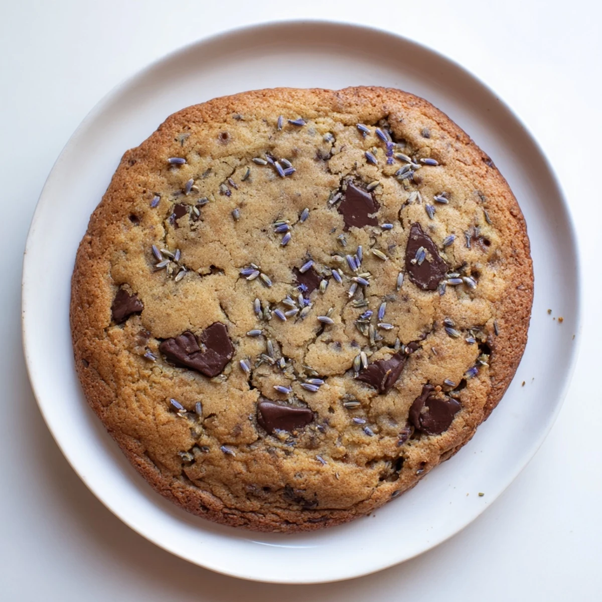 Freshly baked Lavender Chocolate Chip Cookies on a wire cooling rack, showing golden edges and melty chocolate.