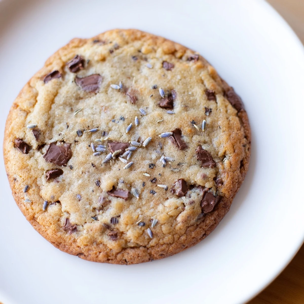 A close up view of Lavender Chocolate Chip Cookies with floral lavender specks and gooey chocolate in each bite.