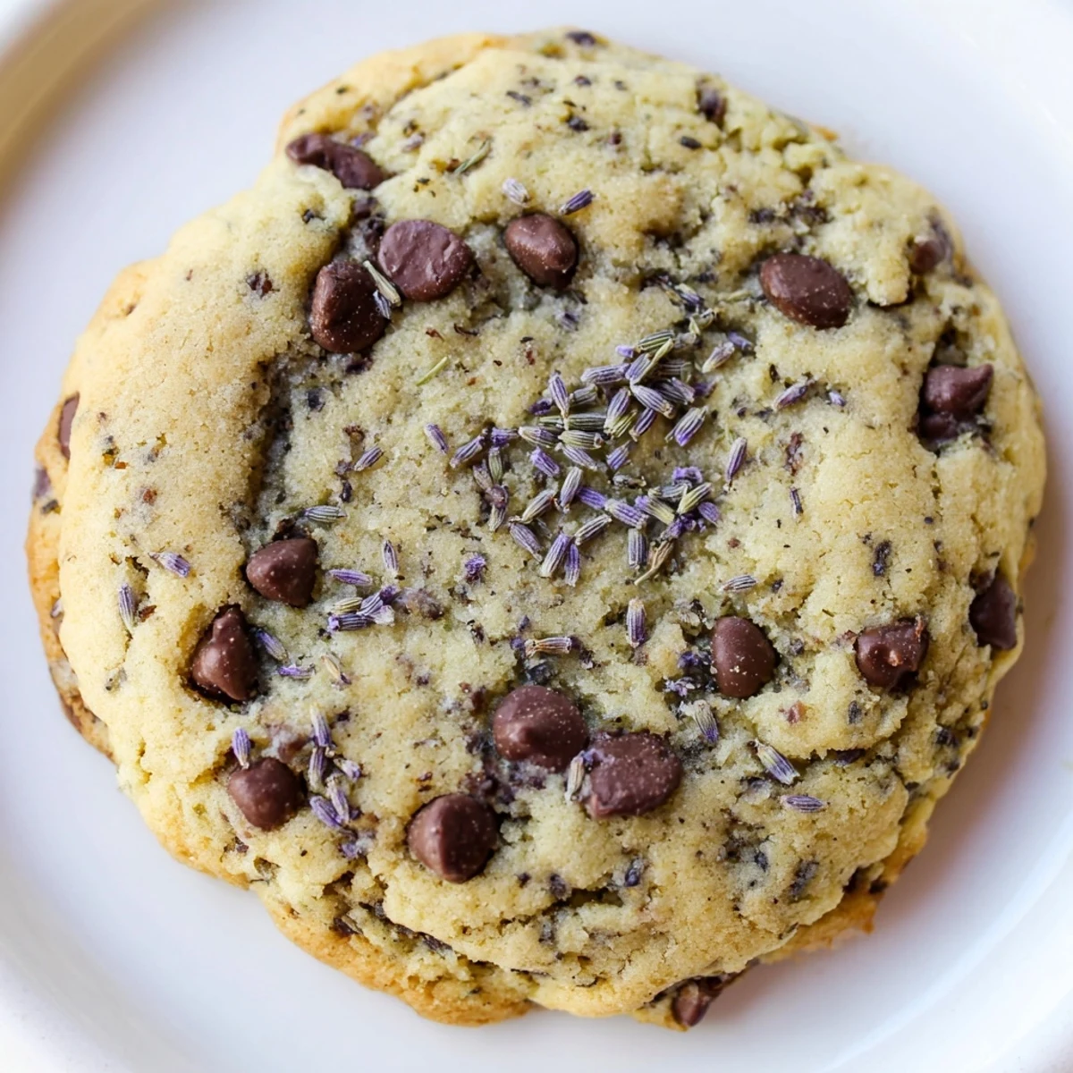 Two Lavender Chocolate Chip Cookies stacked, revealing a soft crumb and a hint of purple lavender sugar on top.