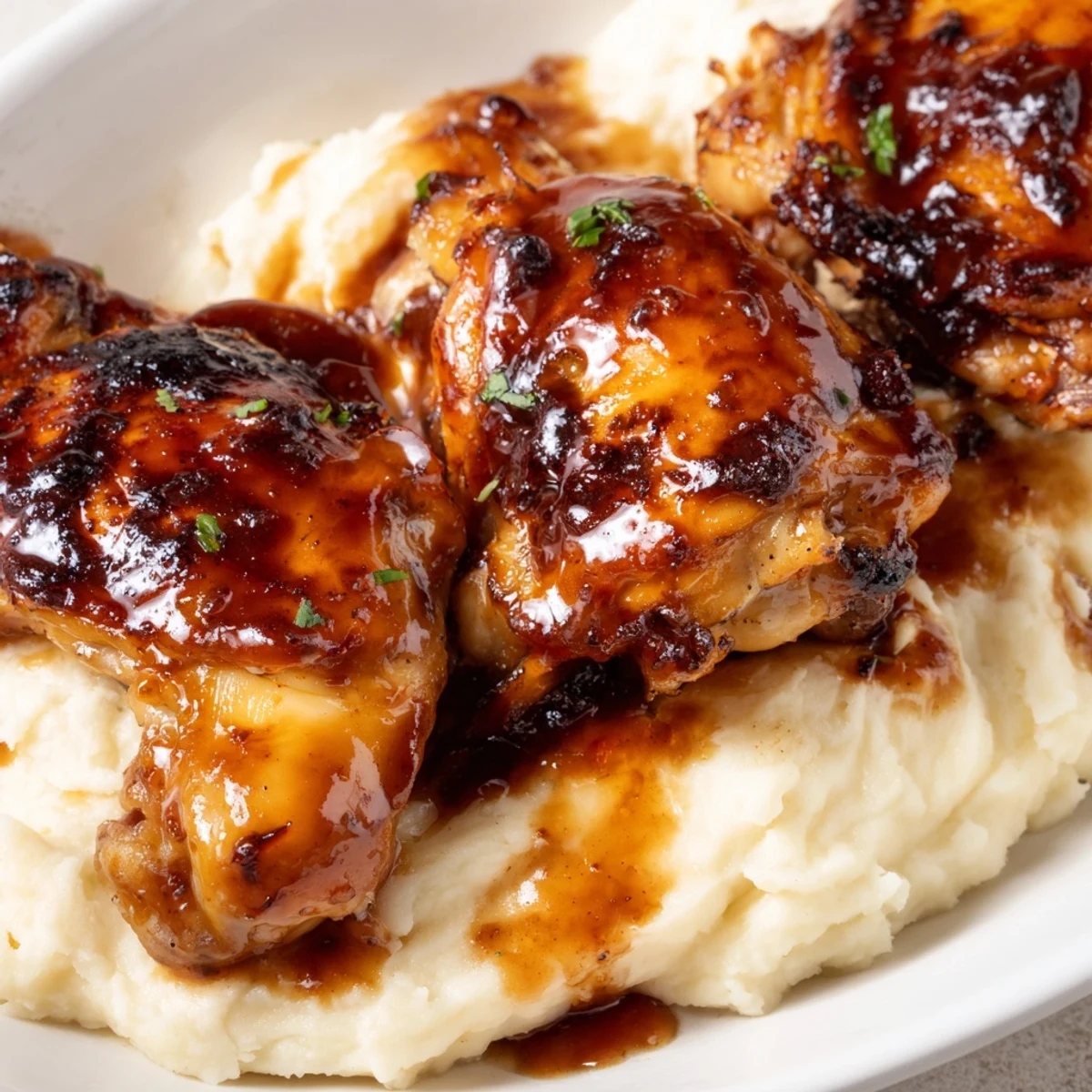 A close-up of glazed chipotle honey chicken thighs beside fluffy smoked Gouda mashed potatoes on a rustic plate.