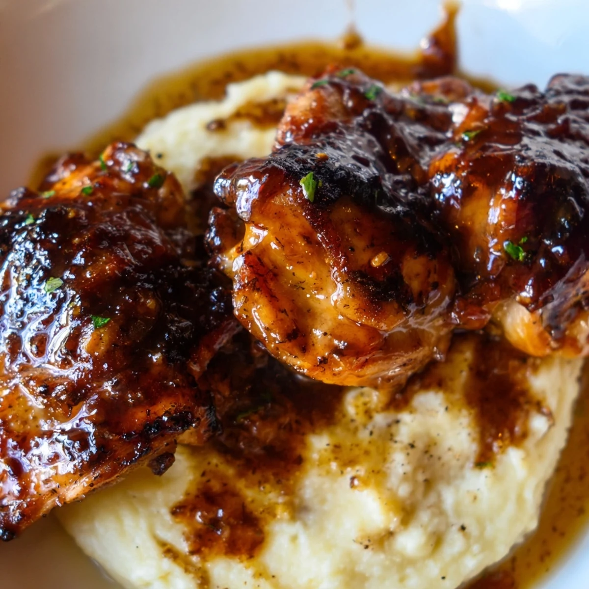 Sizzling chipotle honey chicken thighs with crispy golden skin, served over creamy smoked Gouda mashed potatoes with fresh chives.