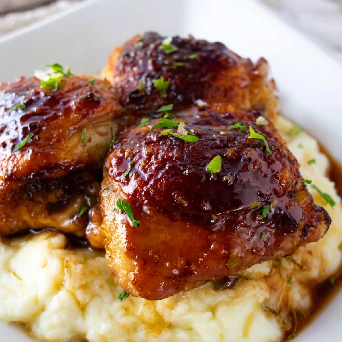 Golden roasted chipotle honey chicken thighs topped with melted smoked Gouda mashed potatoes, garnished with chives.