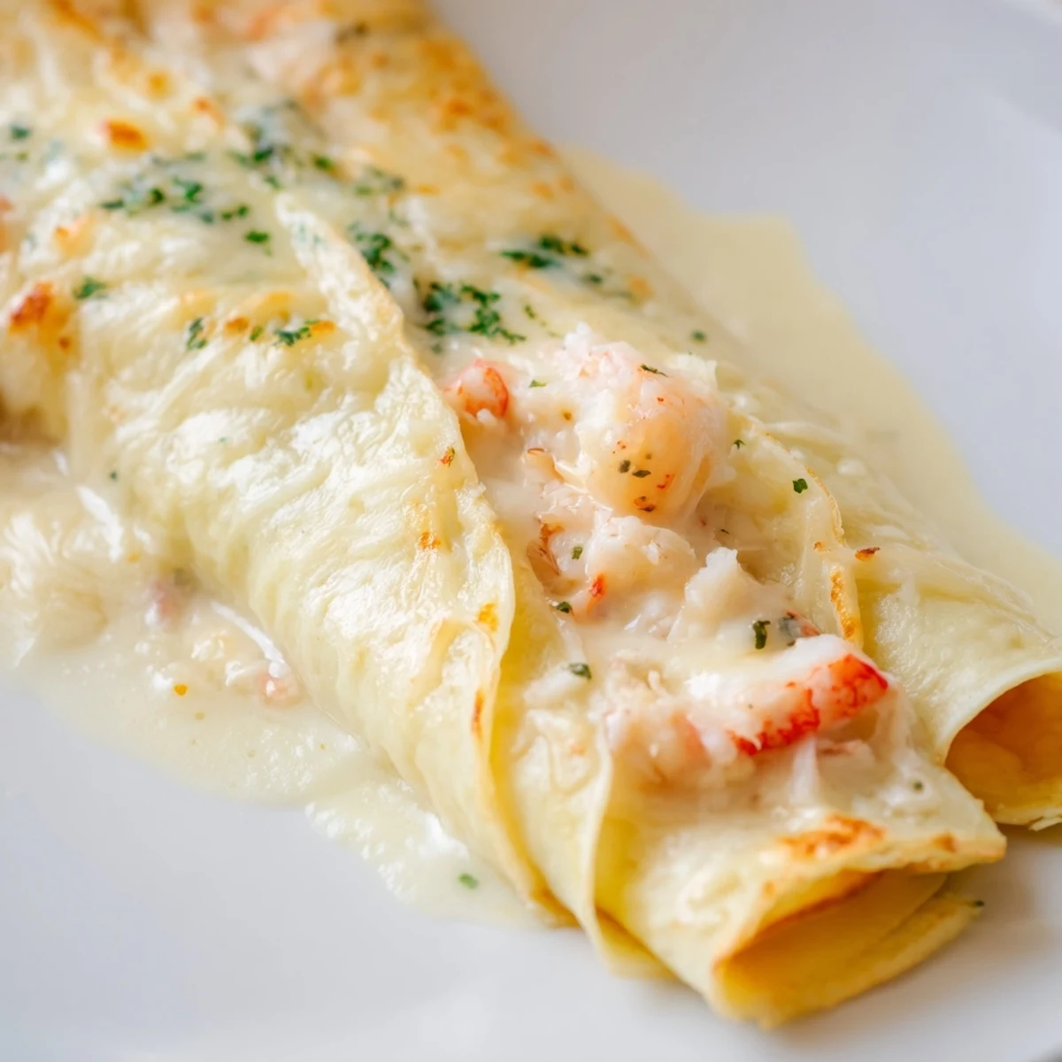 Golden-brown, folded Gourmet Seafood Crêpes with creamy béchamel sauce and fresh parsley garnish on a white plate.