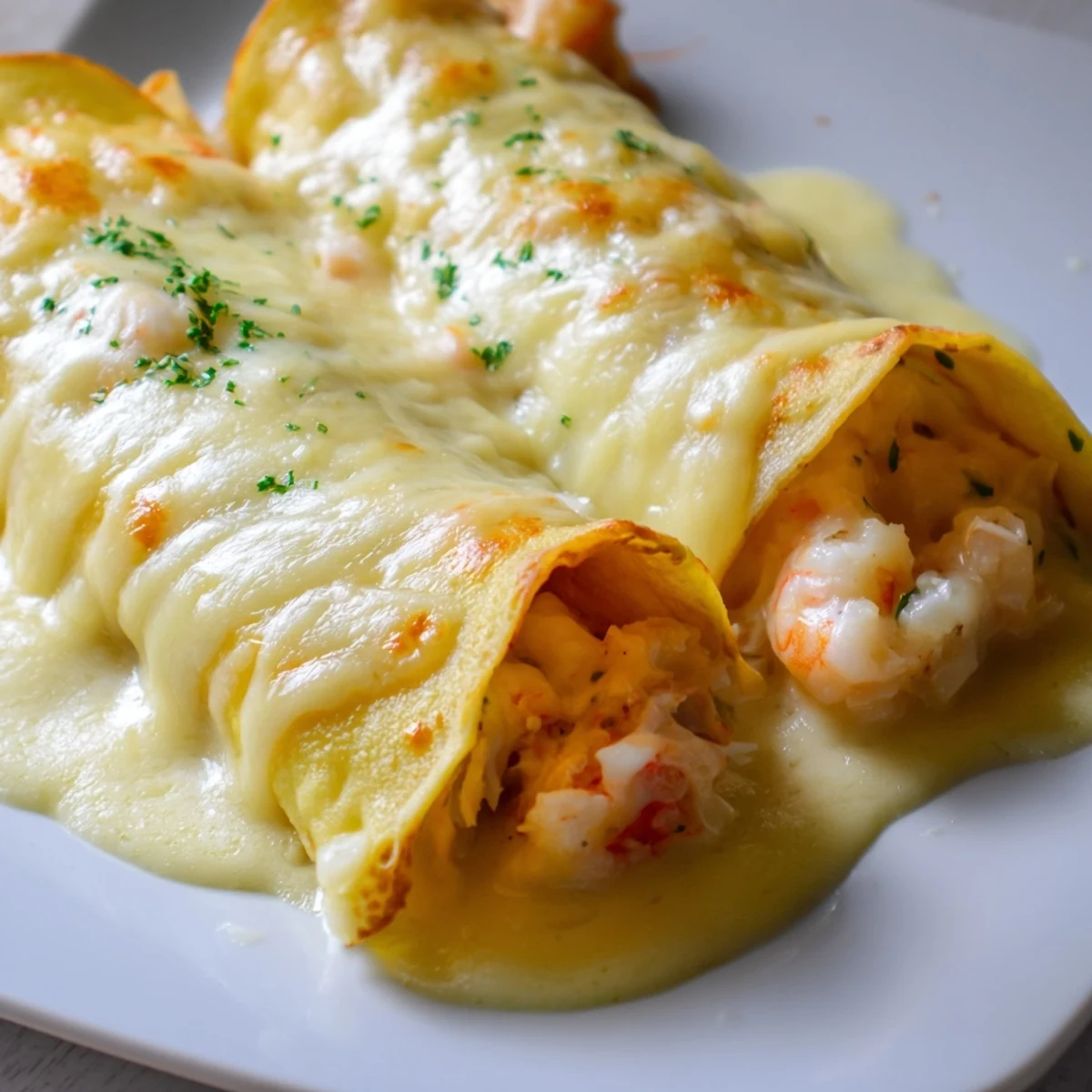 A close-up of Gourmet Seafood Crêpes filled with shrimp and crab, drizzled with rich béchamel for an elegant meal.