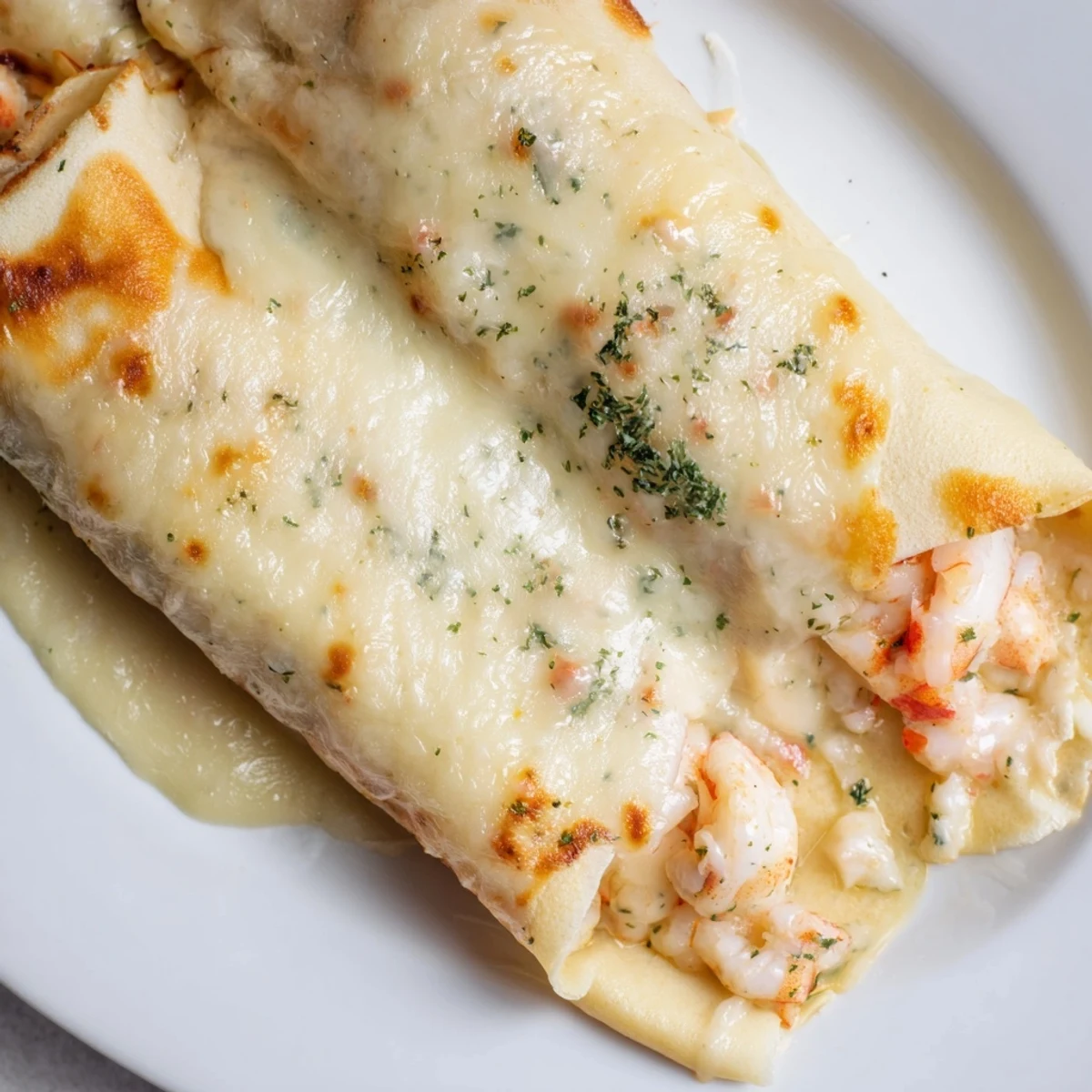 Steaming Gourmet Seafood Crêpes with homemade béchamel, served on a rustic wooden table for a delicious dinner.