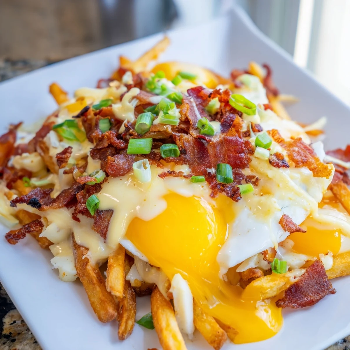 The Ultimate Breakfast Poutine with Creamy Hollandaise Sauce drizzled over savory eggs and crispy fries, served on a plate for a hearty brunch meal.