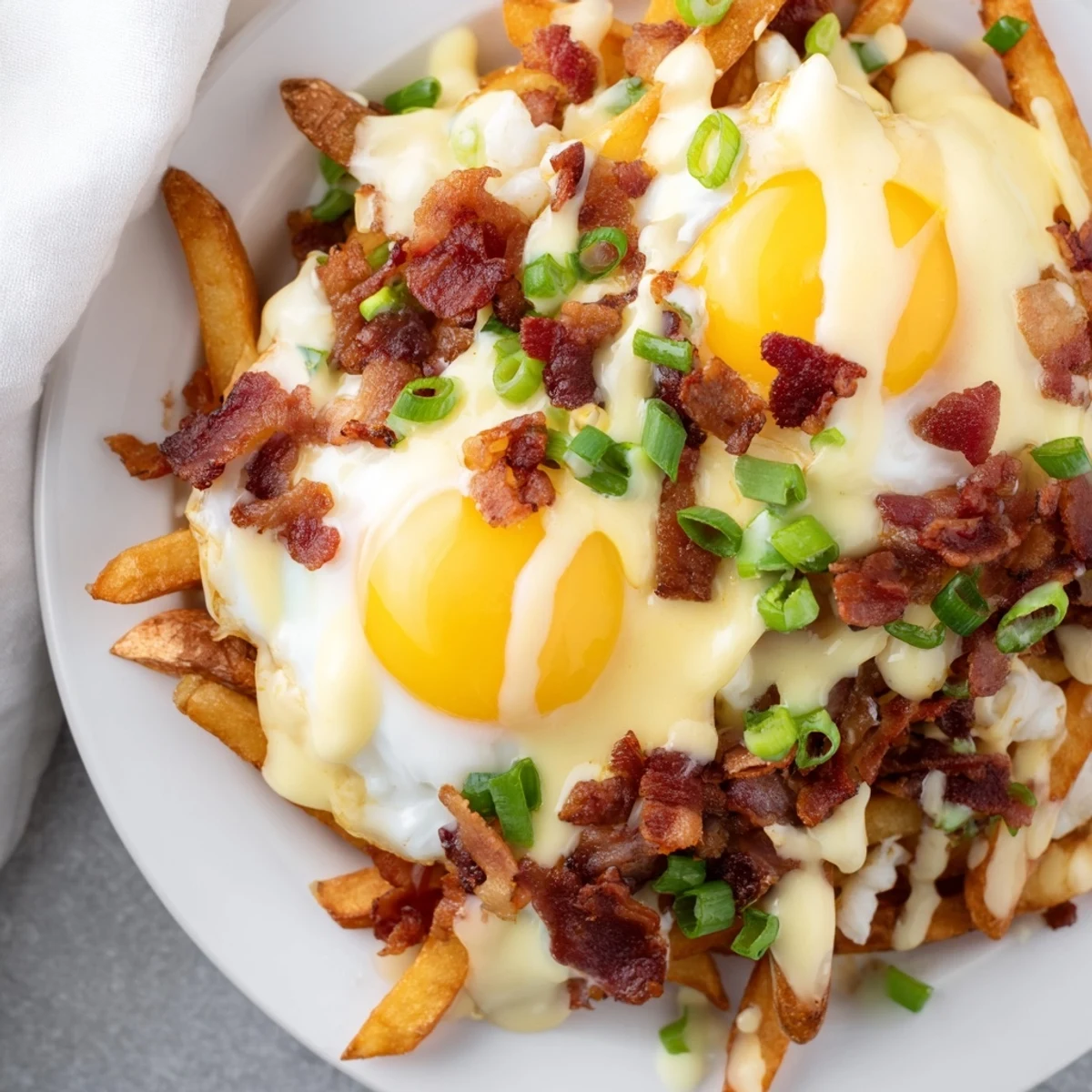 Golden crispy russet potato fries topped with fresh cheese curds, sunny-side-up eggs, and crumbled bacon on the Ultimate Breakfast Poutine with Creamy Hollandaise Sauce.