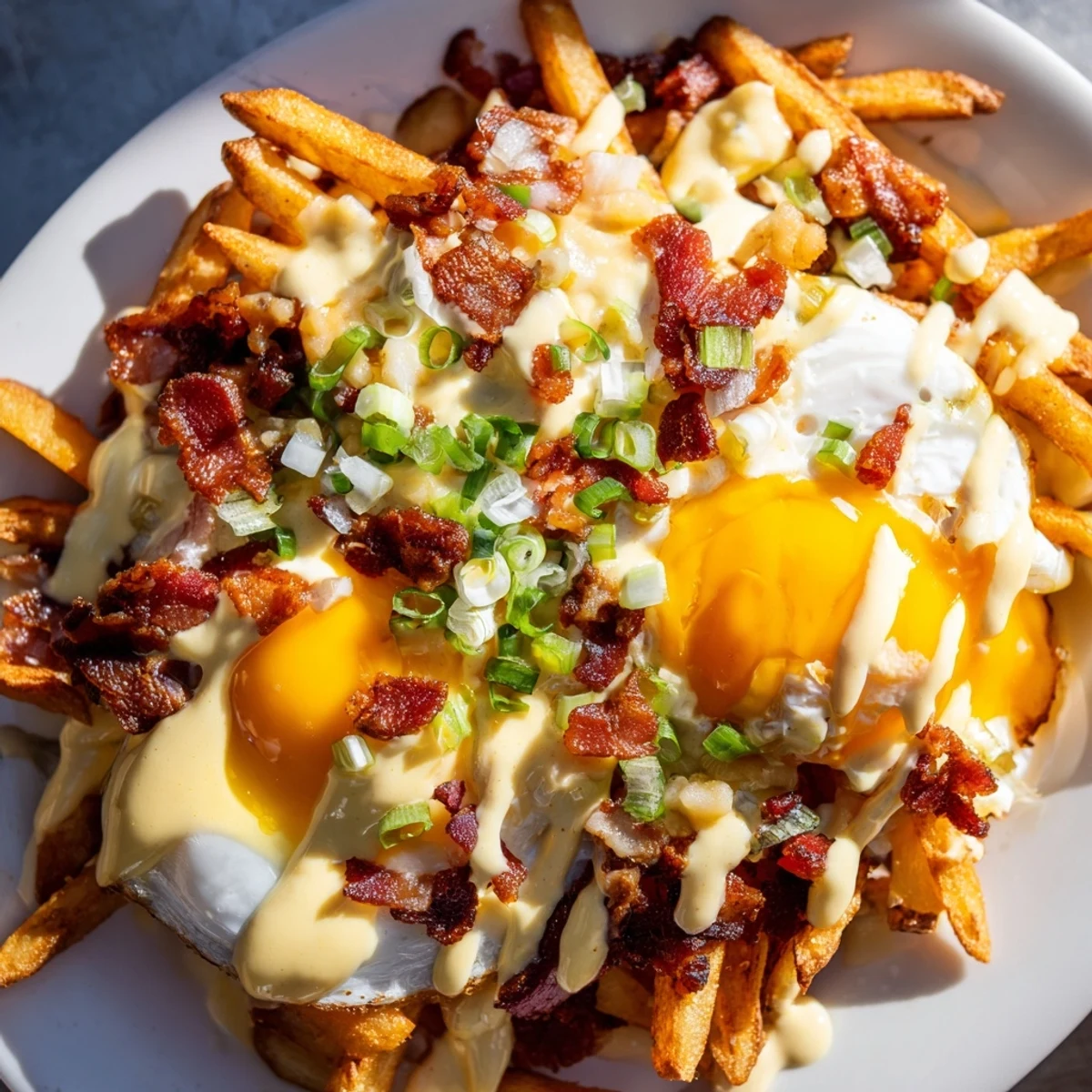 A close-up of the Ultimate Breakfast Poutine with Creamy Hollandaise Sauce featuring melted cheese curds, green onions, and golden fries for a delicious vegetarian breakfast.