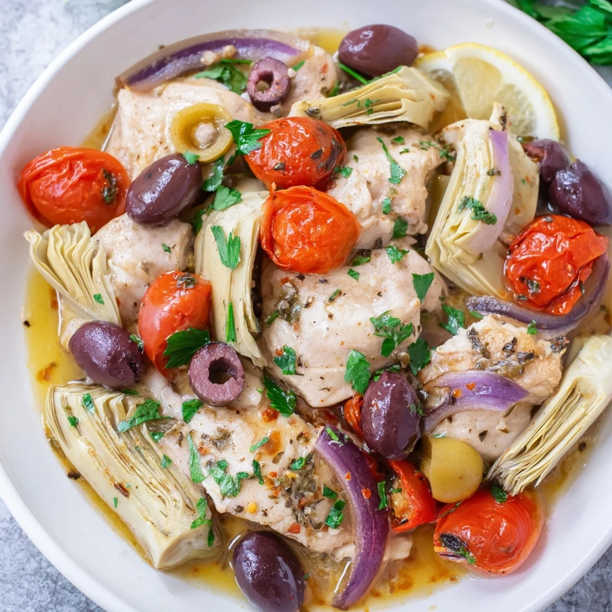 Mediterranean Lemon Chicken with Artichokes and Olives steaming from a cast-iron skillet, garnished with fresh parsley and lemon zest.