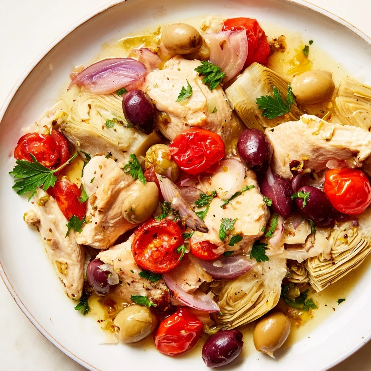 Fork-tender Mediterranean Lemon Chicken with Artichokes and Olives beside roasted tomatoes and olives, ready to serve over fluffy quinoa.