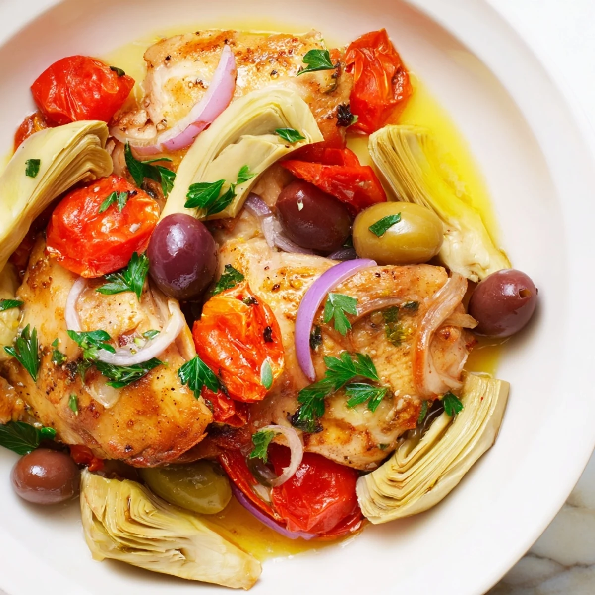 Bright Mediterranean Lemon Chicken with Artichokes and Olives plated with crusty bread, showcasing golden chicken and emerald olives in juices.
