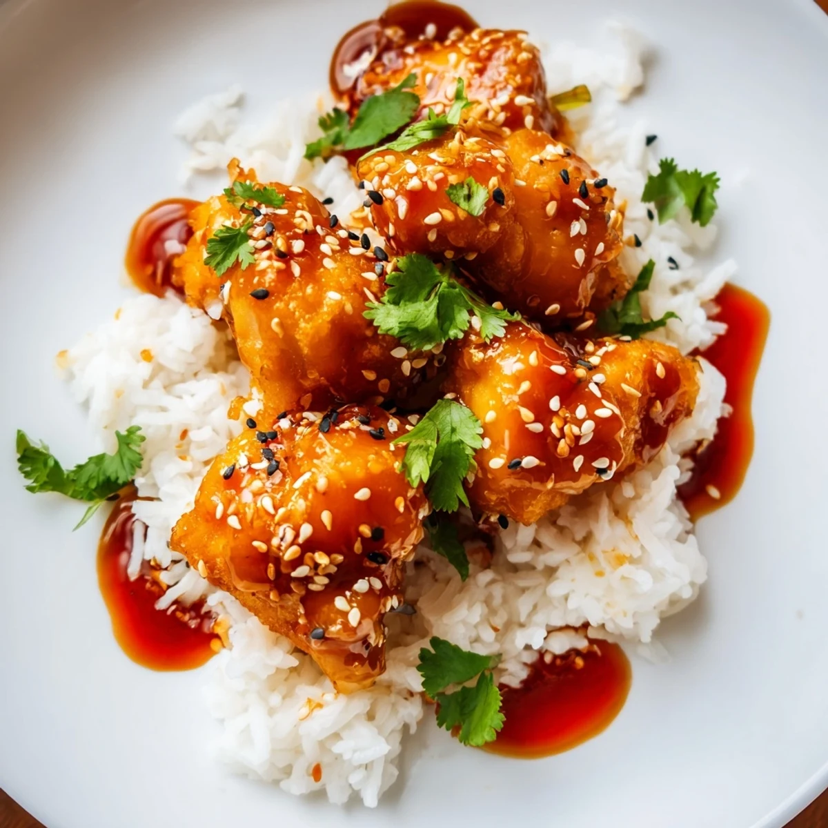 Golden-brown cod strips glazed in sweet and spicy sauce rest on fluffy white rice with chili-garlic drizzle.
