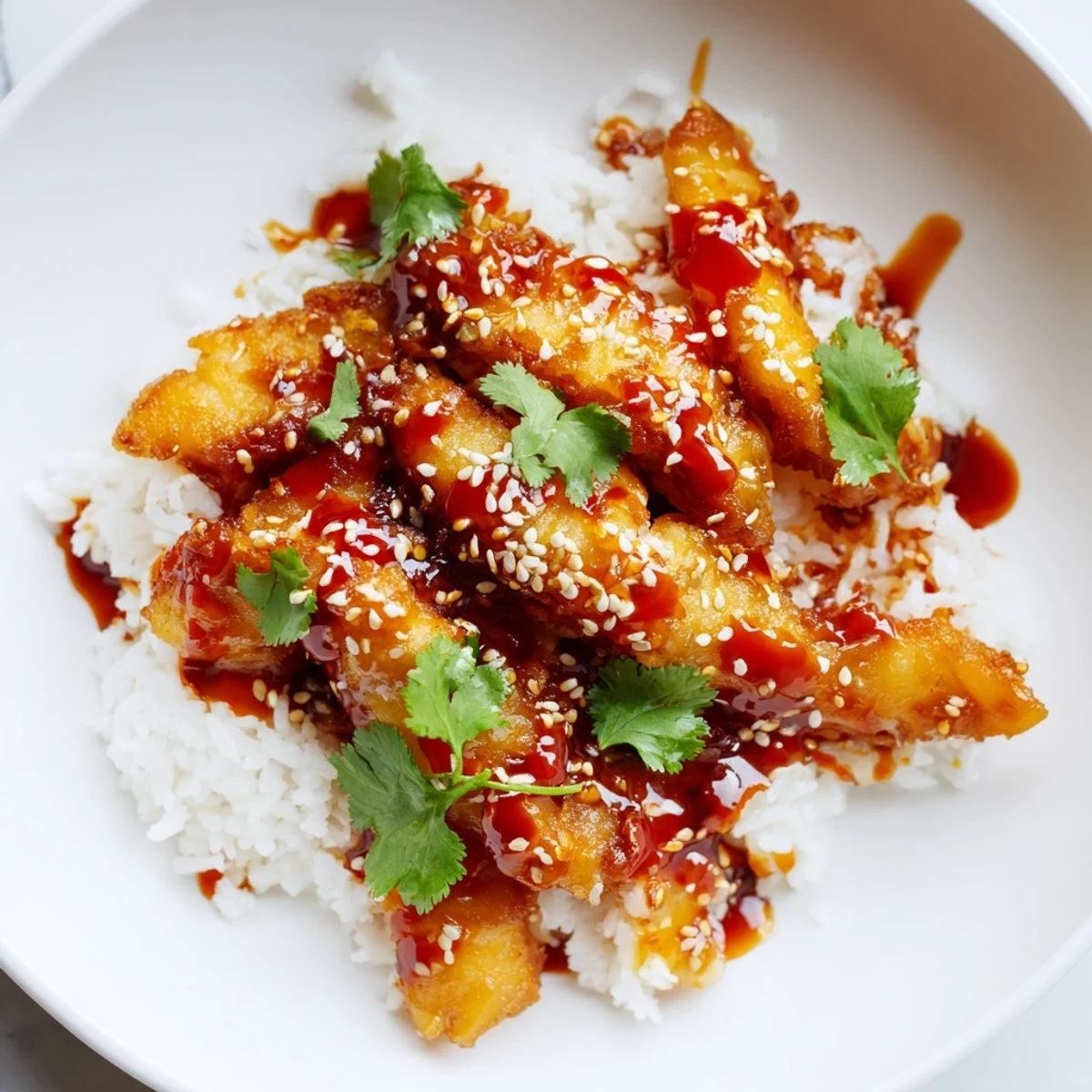 A close-up shows the vibrant chili-garlic oil drizzled over crispy cod strips served on steaming rice.