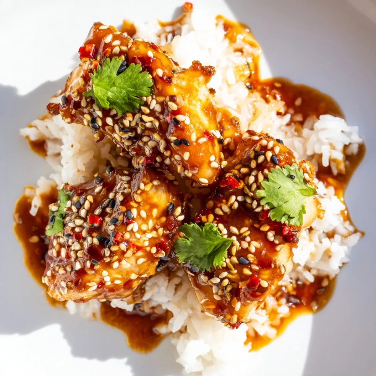 Tender cod strips with a sweet and spicy glaze topped with chili-garlic drizzle on a bed of rice.