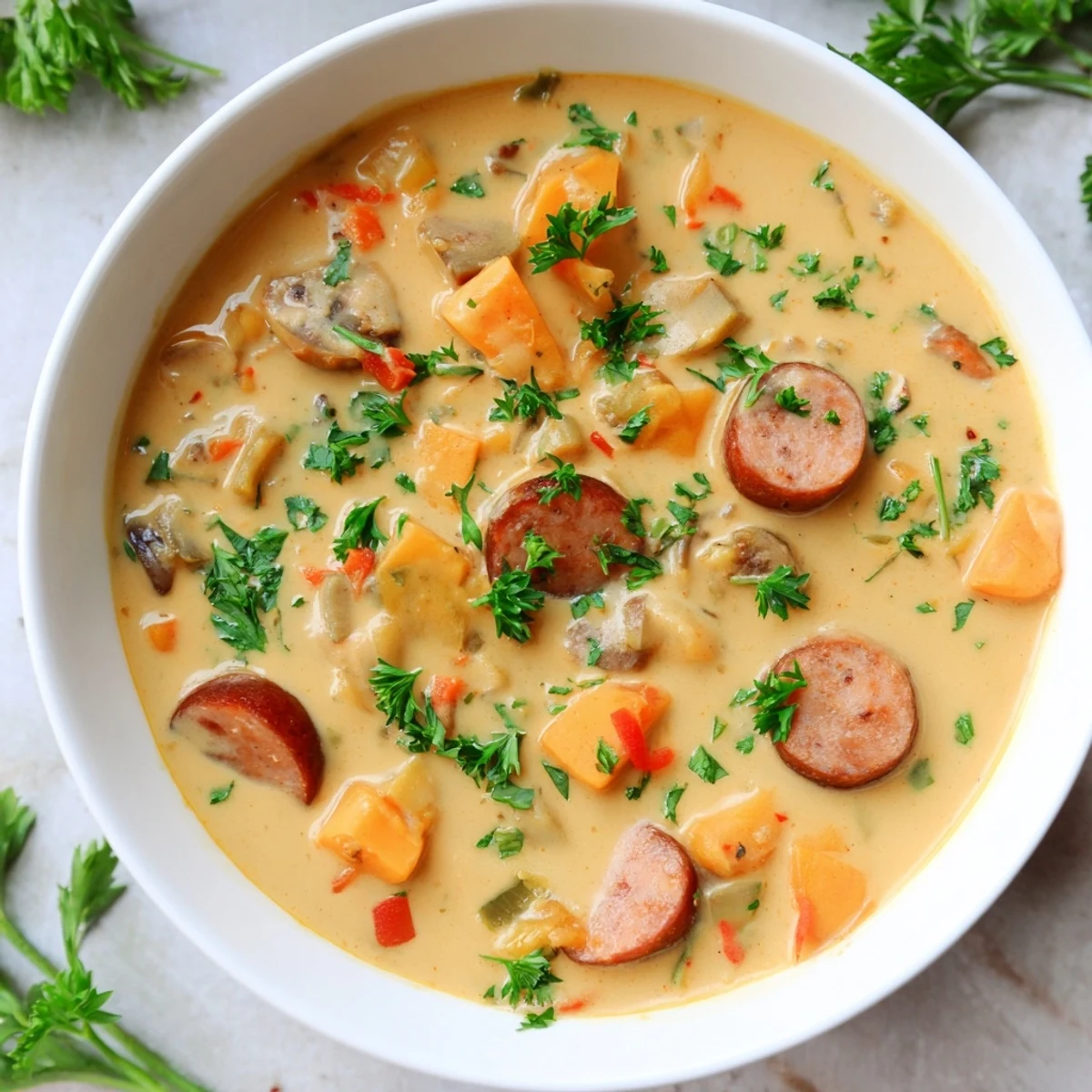 Creamy Sweet Potato and Sausage Soup served in a rustic bowl, garnished with fresh parsley.