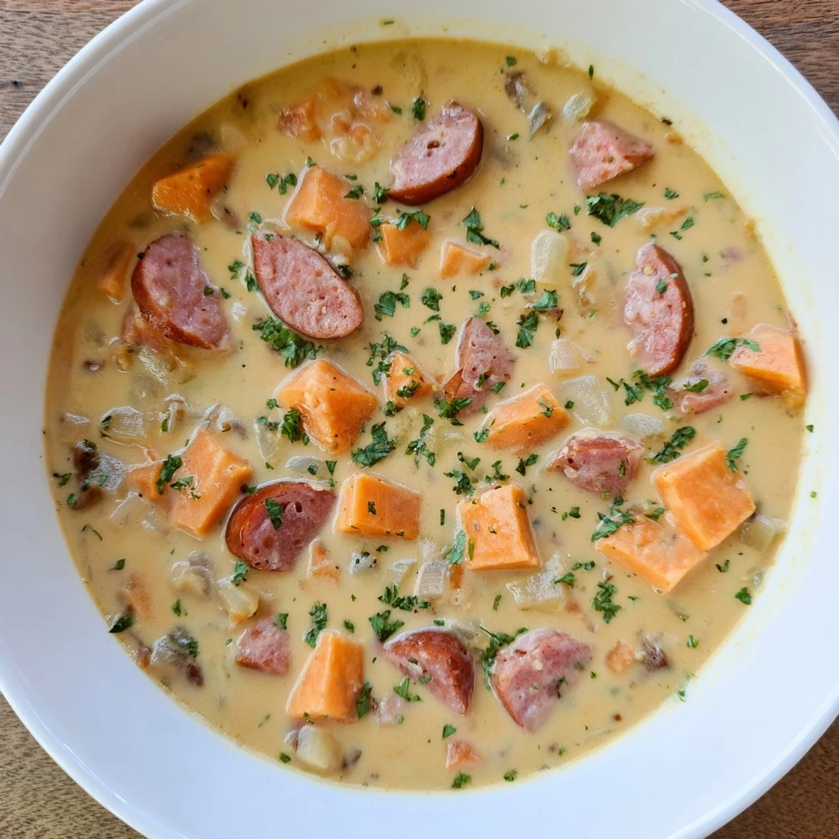 Hearty Creamy Sweet Potato and Sausage Soup in a mug with a side of crusty bread.