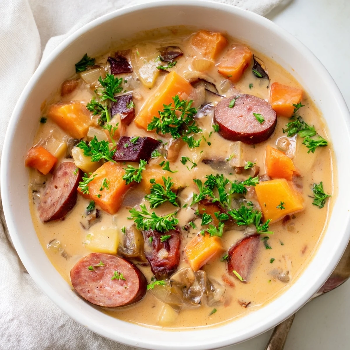 A warm bowl of Creamy Sweet Potato and Sausage Soup topped with fresh parsley, ready to serve.