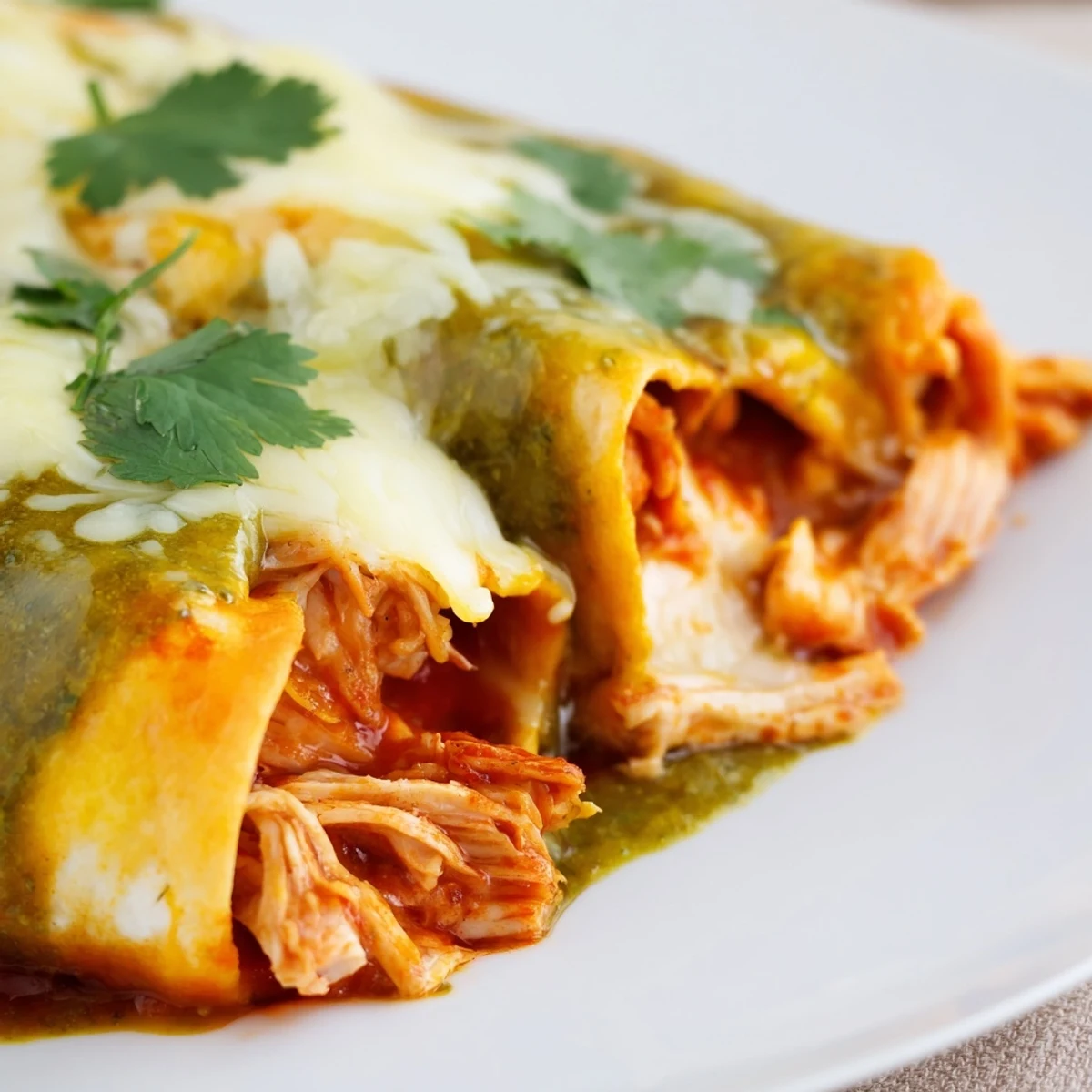 Tender shredded chicken fills warm corn tortillas in Green Enchiladas With Chicken, smothered in tangy green sauce.
