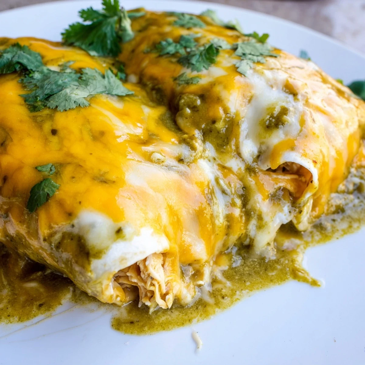 Serve Green Enchiladas With Chicken topped with fresh cilantro, sour cream, and diced avocado for a vibrant dinner.