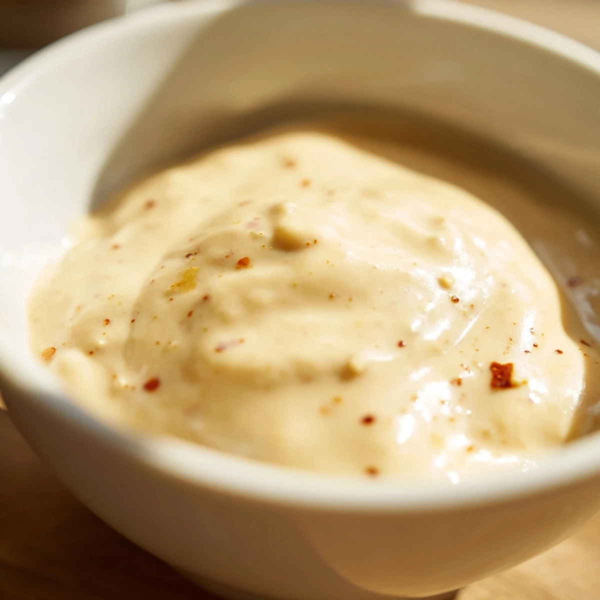 Creamy, golden Spicy Aioli in a small bowl with a spoon, ready to be served with crispy fries or grilled chicken.  