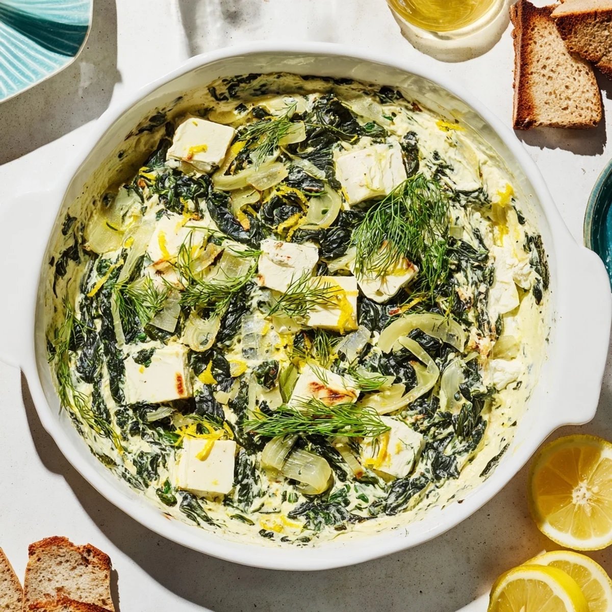 A close-up of Spinach and Pepperoncini Baked Feta Dip in a baking dish, melted and bubbling with golden edges.