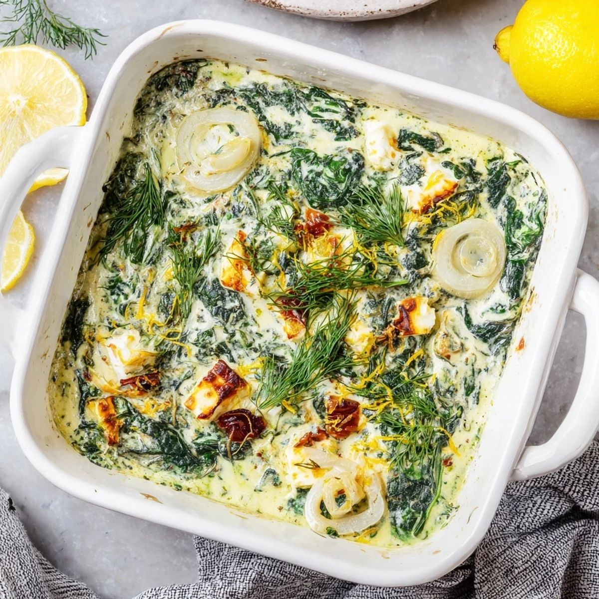 Golden-baked Spinach and Pepperoncini Baked Feta Dip served warm with pita chips and sliced baguette for dipping.